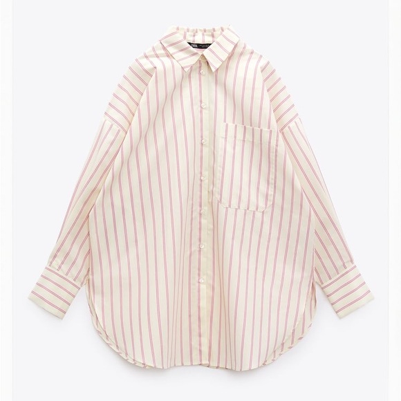 Zara Tops - Zara Cream and Pink Striped Button-Down Shirt